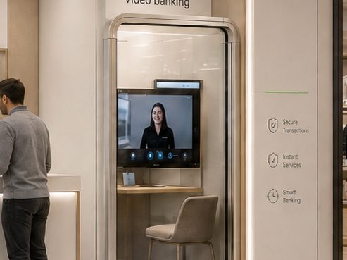 A video banking pod with a remote specialist on screen