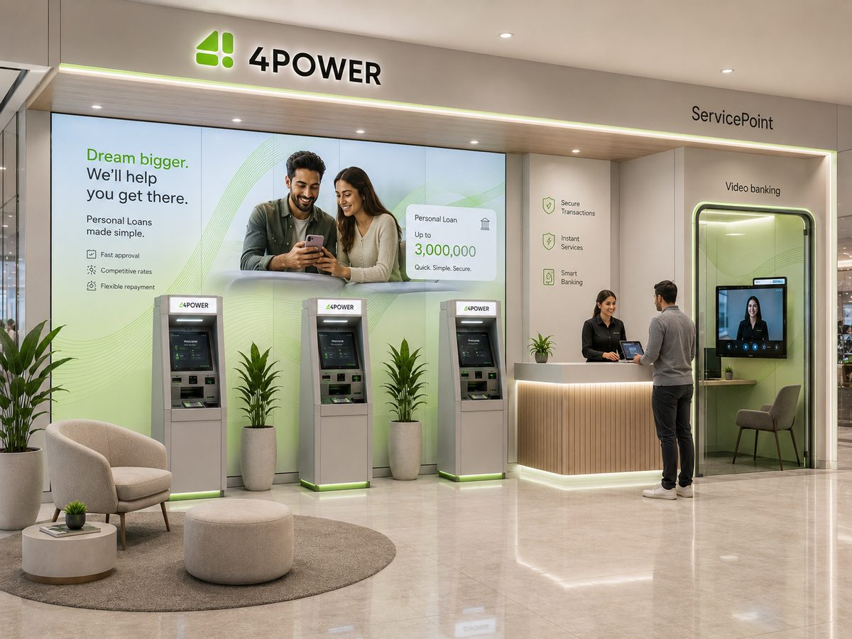 A staff member assisting a customer beside three self-service terminals